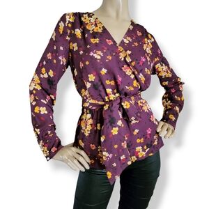 Gibson Plum/Purple & Yellow Floral Wrap Tie Waist Long Sleeve Top Size Small